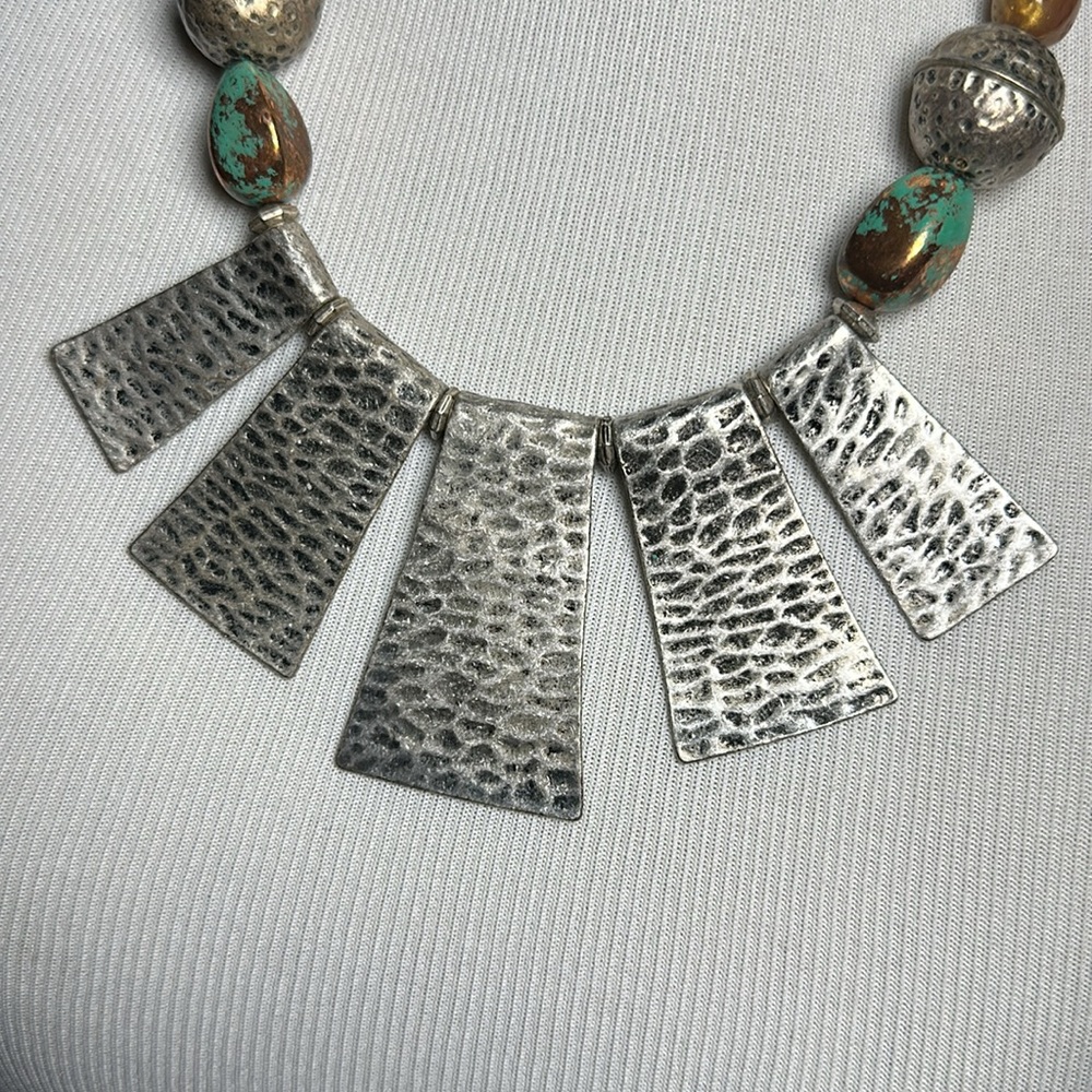 Silver and Turquoise Statement beaded large Necklace - Picture 3 of 8